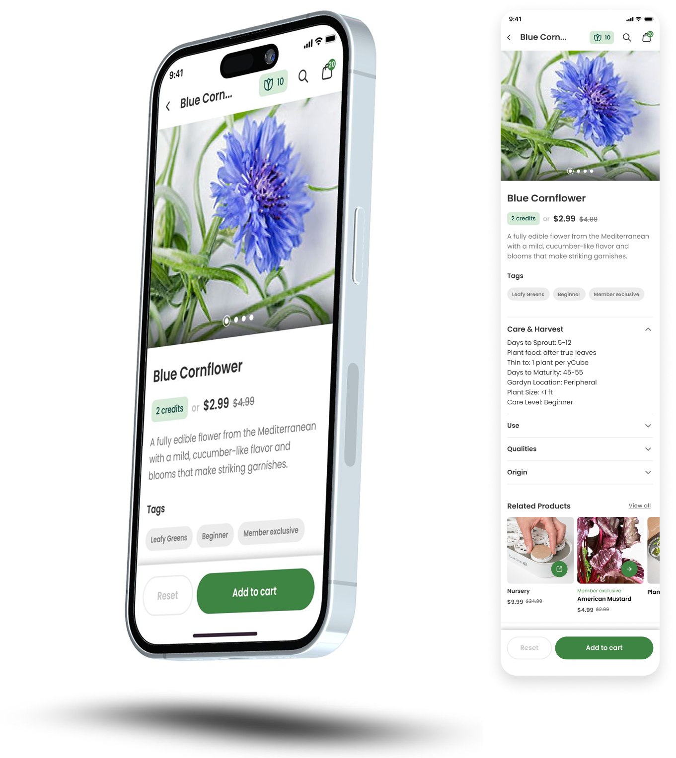 Gardyn product detail with description, care and harvest accordion, and pricing