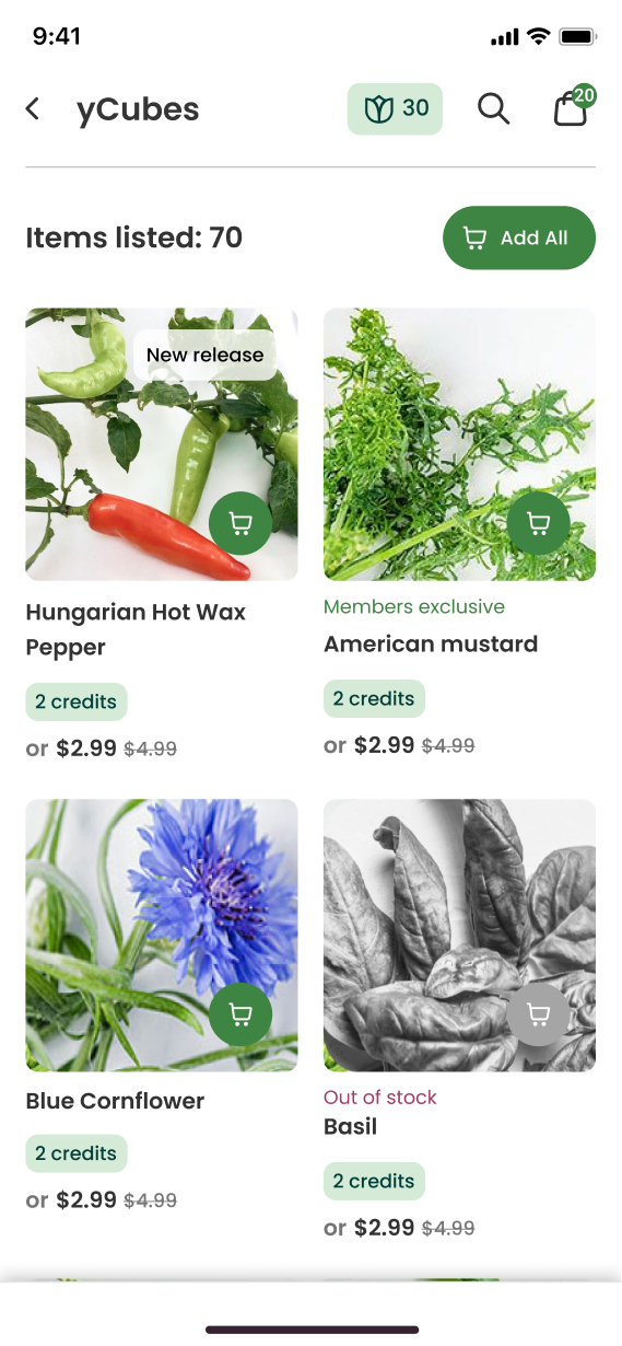 Gardyn shop grid listing items with add-to-cart controls on each card