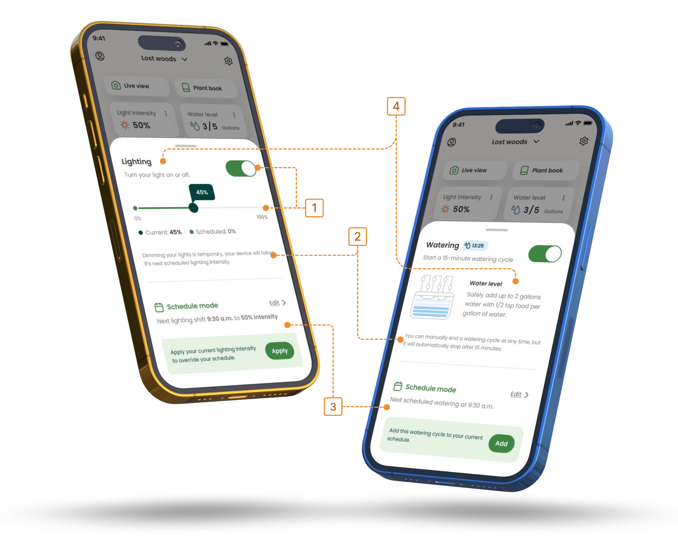 Two phones showing final Gardyn widget and sheet designs with numbered leaders.
