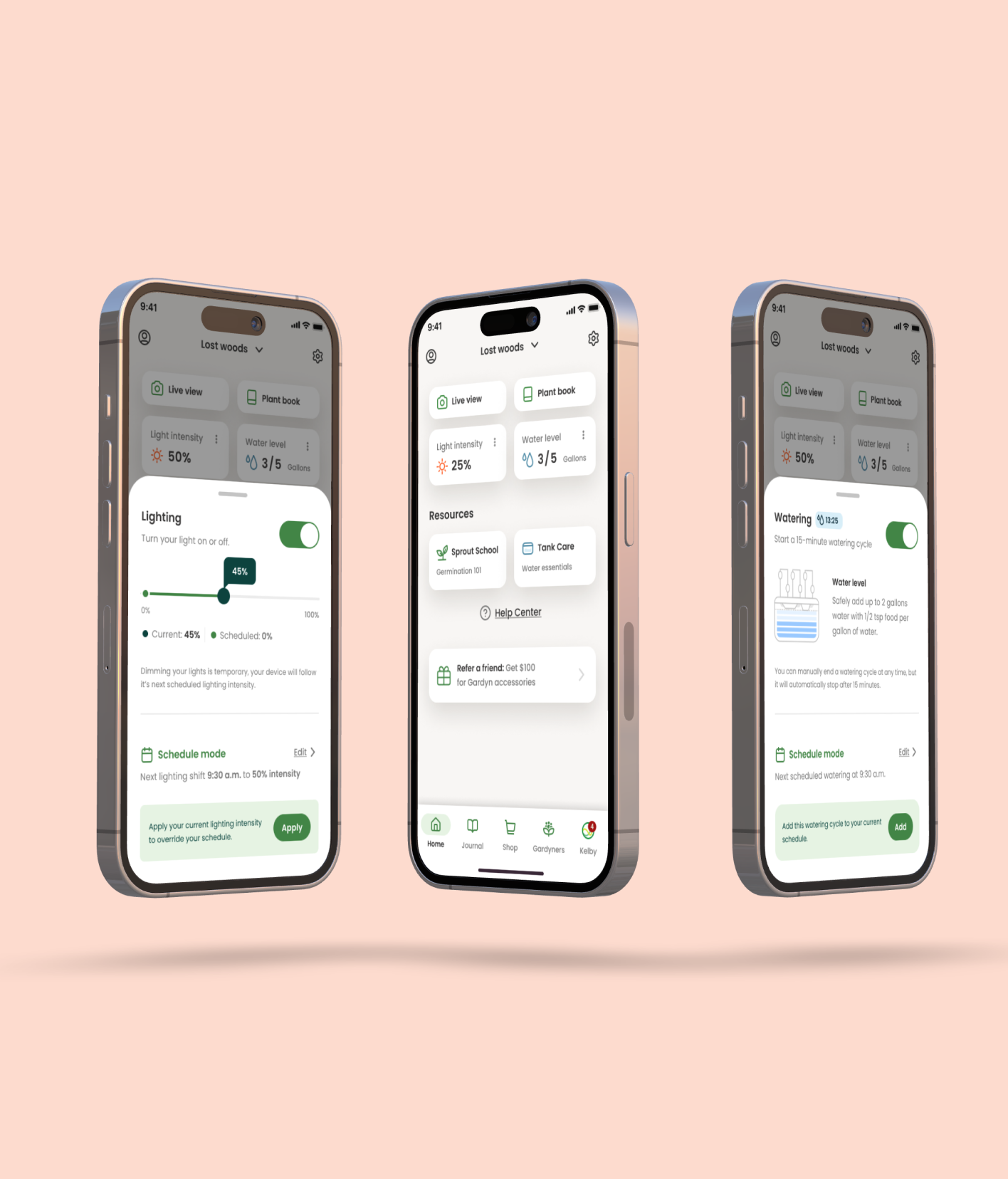 Three iPhones showing the Gardyn home screen and redesigned widgets